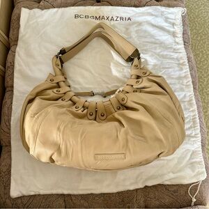 BCBG NWT Large Tan Leather Hobo Baguette Bag